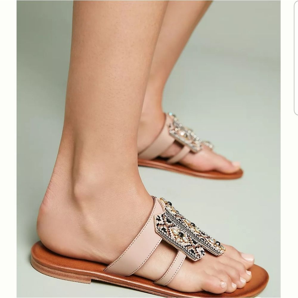 Anthropologie Blush Beaded Embellished Leather Thong Sandals Sz.38/US 7 - Picture 2 of 12
